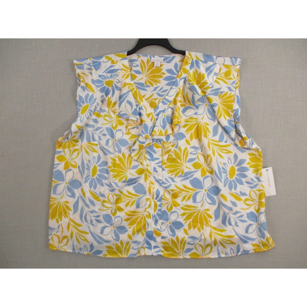 Liz Claiborne Womens 3X Cool Blue Floral Ruffle V-Neck Sleeveless Blouse NWT